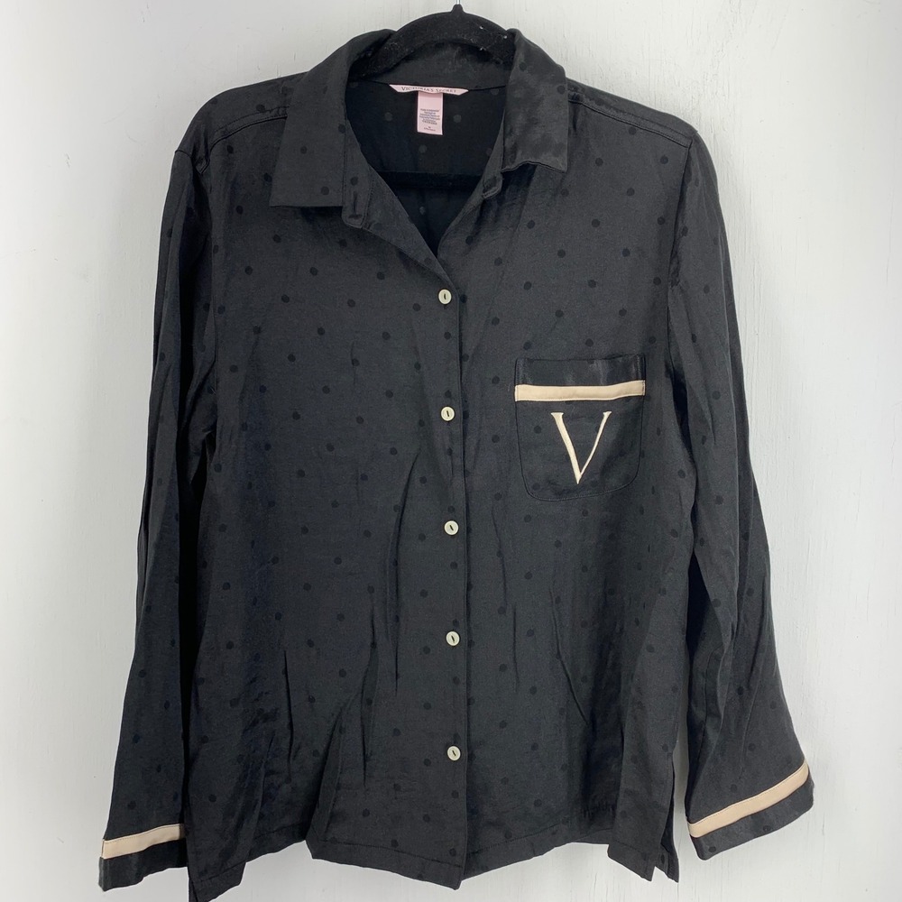 Victoria's Secret Boudoir Black Polka Dot Satin Top Embroidered Classic Goth M